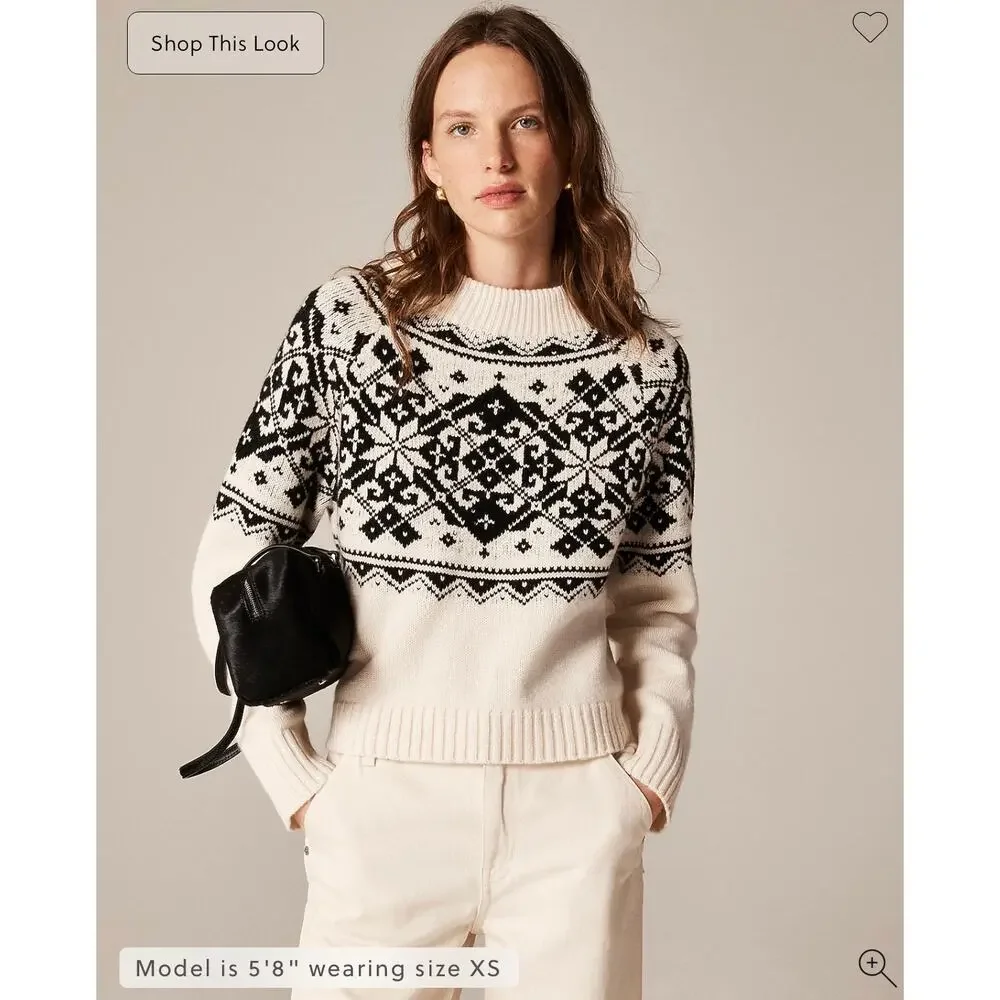 J. Crew Fair Isle snowflake mockneck sweater in vintage wool Ivory Black NWT XS